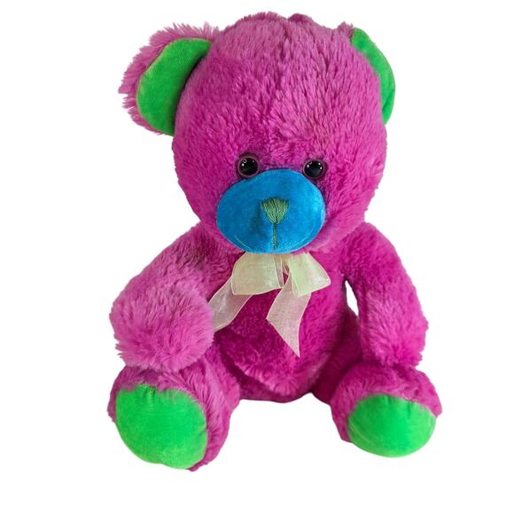 Goffa Pink Blue Green Plush Teddy Bear with Bow ~11.5" Sitting Stuffed Animal - Picture 1 of 10